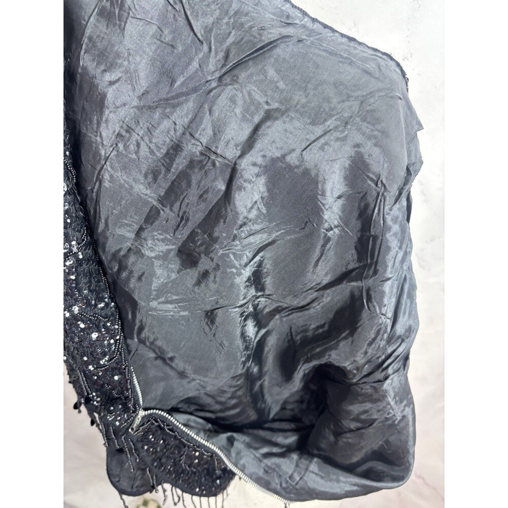 Vintage 60s Flapper Black Shiny Beaded Blouse Top Fringe Sequins Silk M Glam - Picture 3 of 16